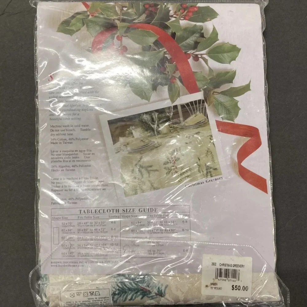 Bardwil Seasons Tablecloth Christmas Greenery 70” Round Holiday Solstice New
